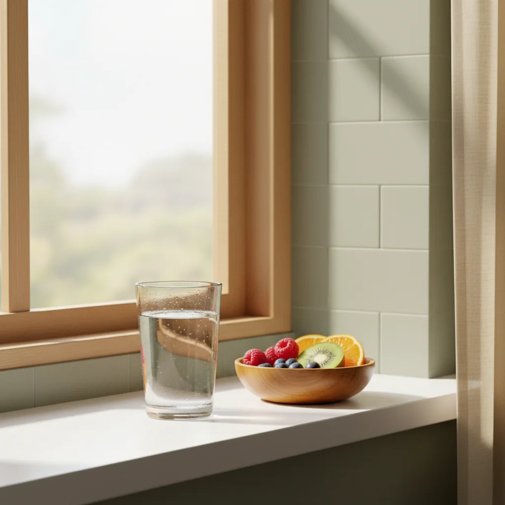 A glass of water on a bright kitchen windowsill beside a wooden bowl of fresh fruit in morning light