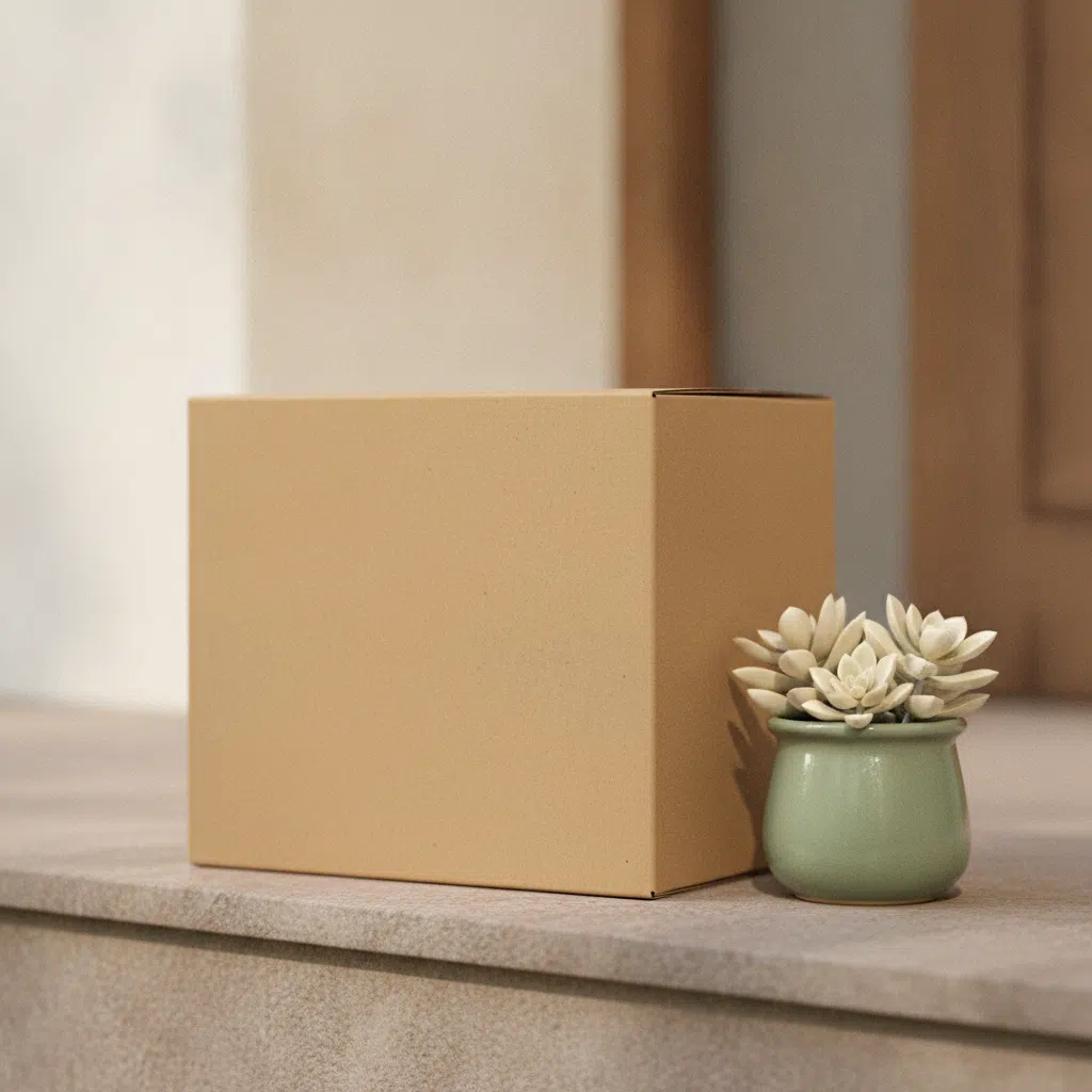 A neat plain parcel box on a doorstep beside a potted plant in diffused daylight