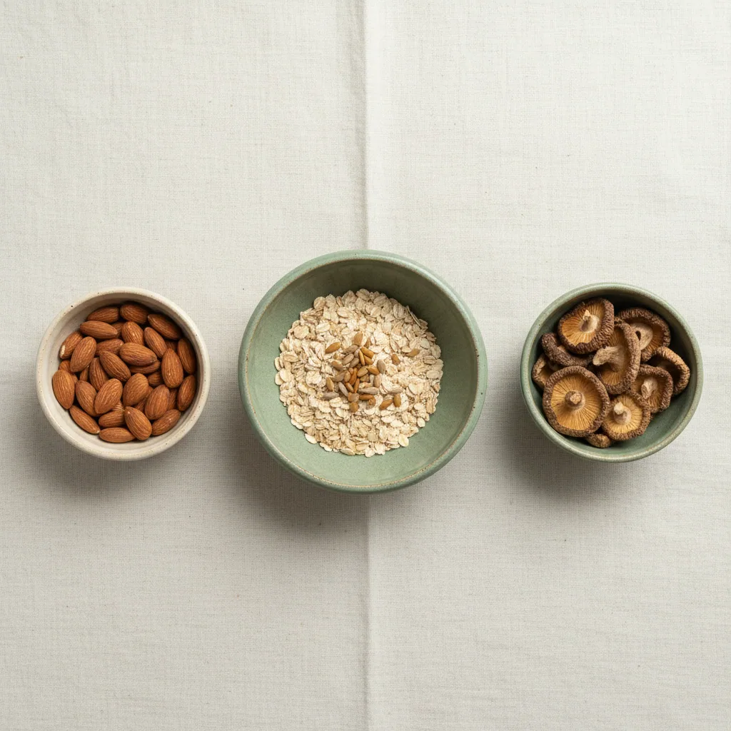 Whole grains, seeds and dried mushrooms arranged in small bowls on a linen cloth - natural sources associated with B vitamins