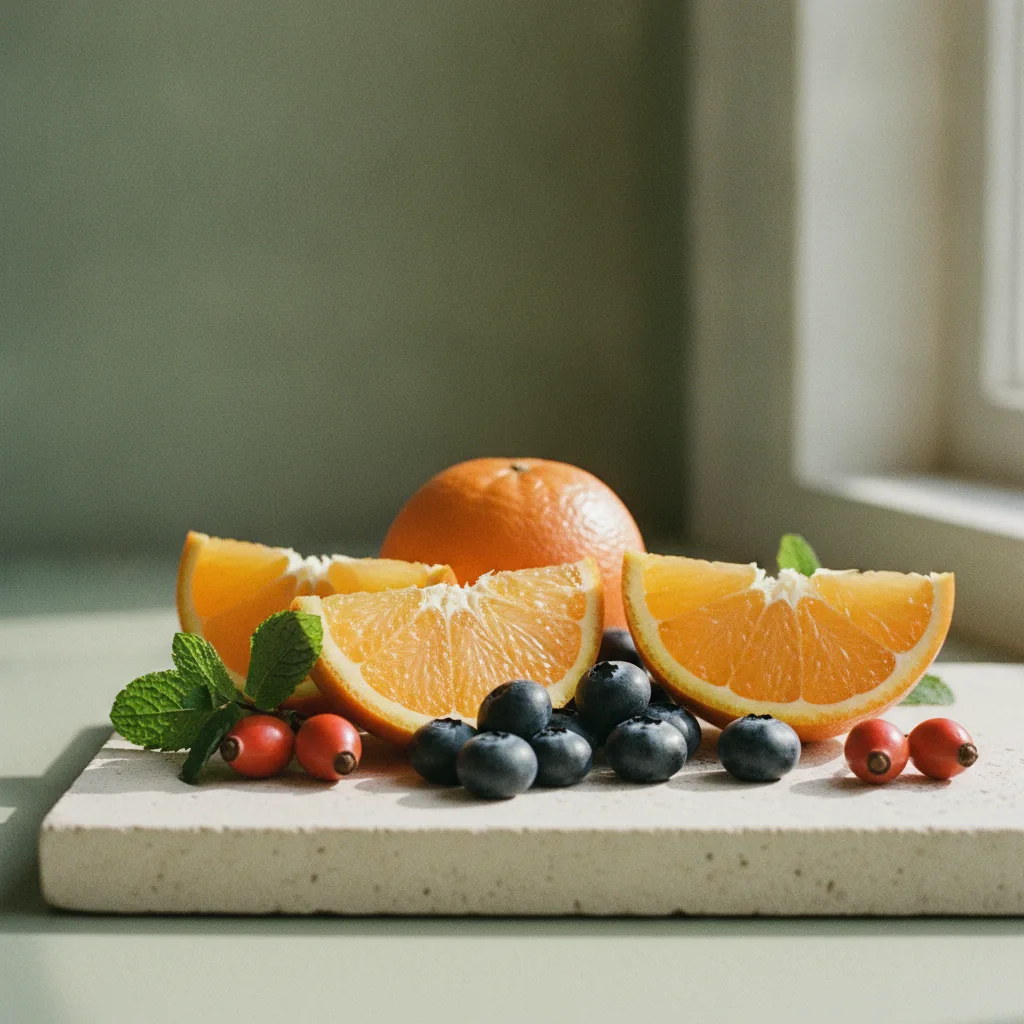 Fresh oranges, rosehips and dark berries on a pale stone surface in soft diffused light