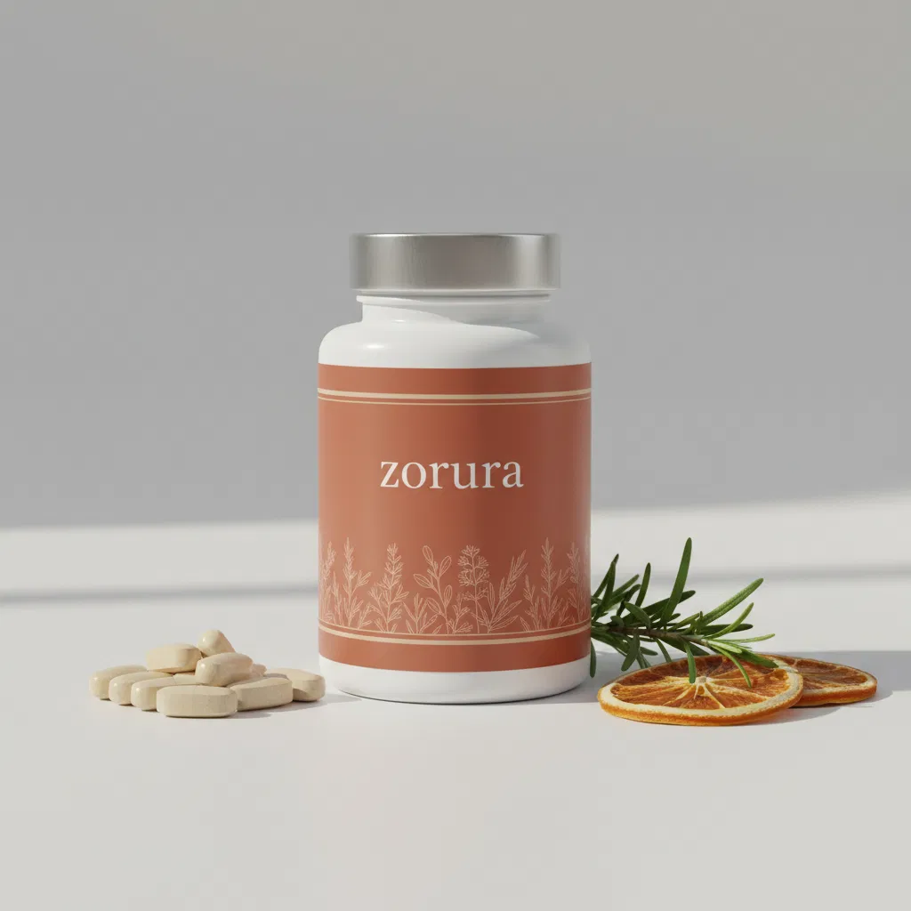 Zorura supplement jar with label on a clean surface